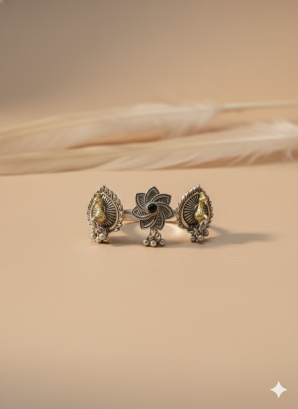 Mayur Peacock Statement Ring in Oxidised Silver