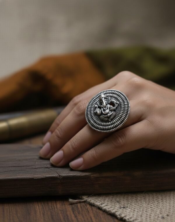Vinayak Mudra  Ganesha Statement Ring in Oxidised Silver