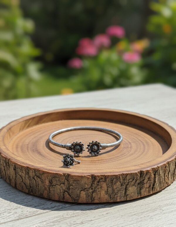 Surajmukhi Sunflower Motif Open Kada in Oxidised Silver