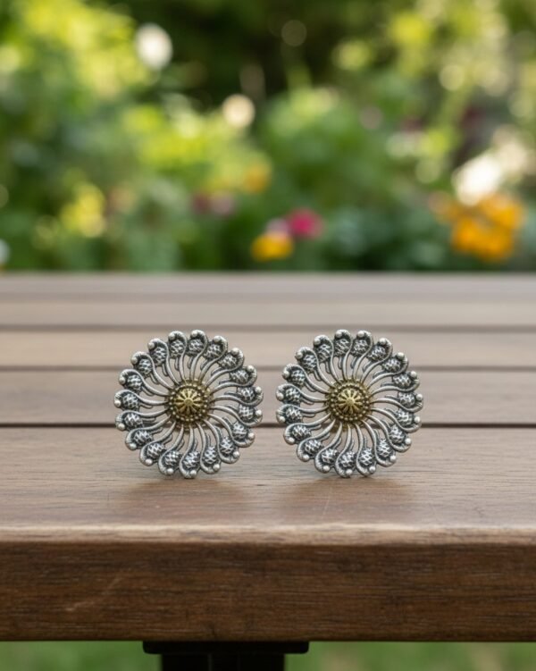 Surya Pushp Floral Stud Earrings – Oxidised Silver Jewellery