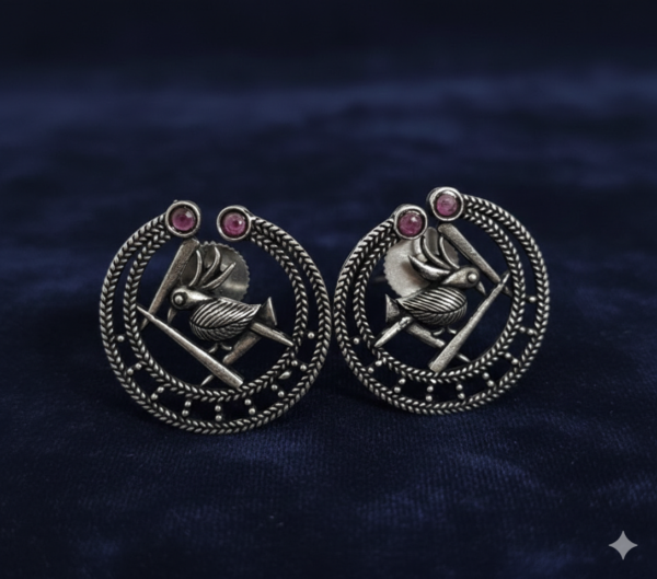 Pakshi Mandala Bird Motif Studs in Oxidised Silver