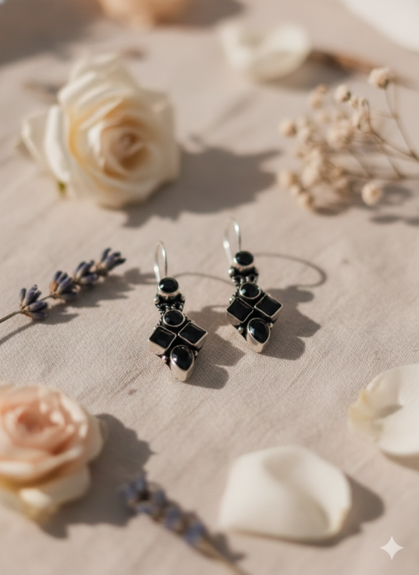 Ruhani Petal Drop Earrings in Oxidised Silver