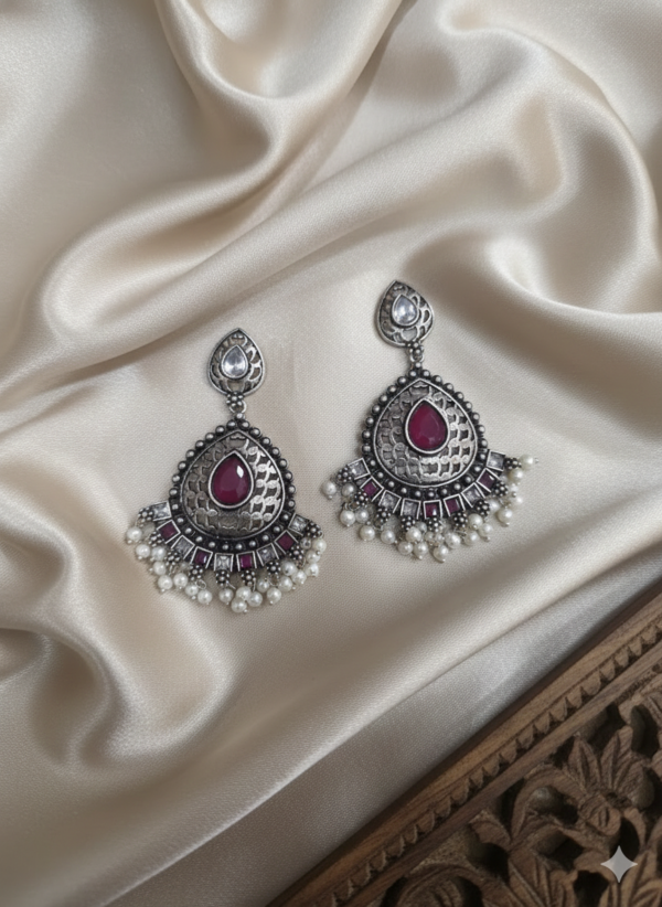 Chandrika Jharoka Drop Earrings in Oxidised Silver