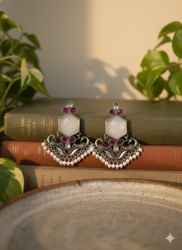 Mayur Dhara Peacock Drop Earrings with Pearl Drops