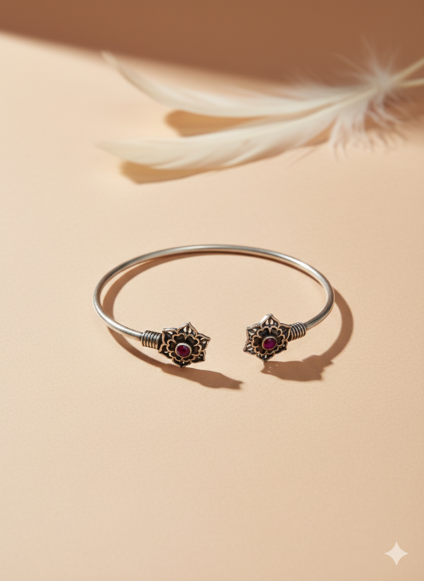 Padma Mandala Lotus Motif Open Kada in Oxidised Silver