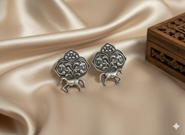 Ashva Vira Warrior Horse Studs in Oxidised Silver