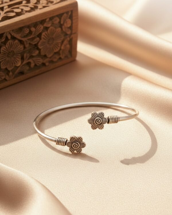 Aarohi Floral Motif Open Kada in Oxidised Silver