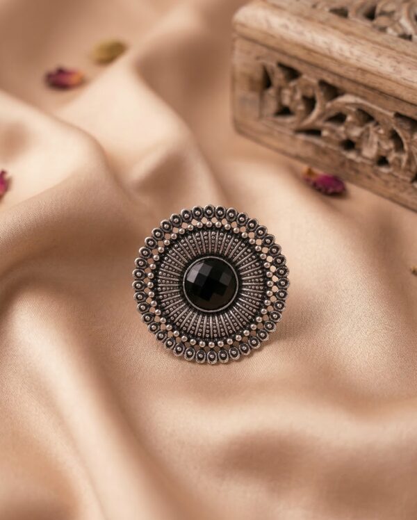Asita : Mandala Finger Ring in Oxidised Silver Tone