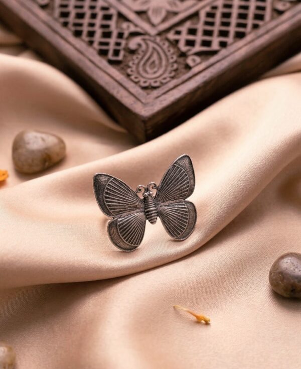 Mridu : Butterfly Finger Ring in Oxidised Silver Tone