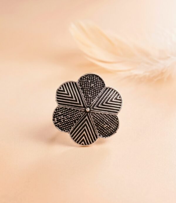 Avani : Floral Bloom Finger Ring in Oxidised Silver Tone